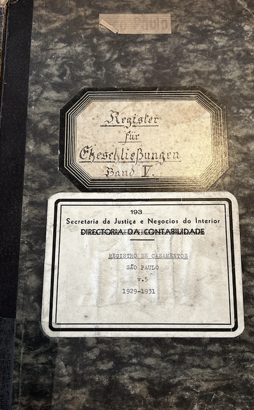 Einband des Registers für Eheschließungen, Band V, São Paulo, 1929 bis 1931