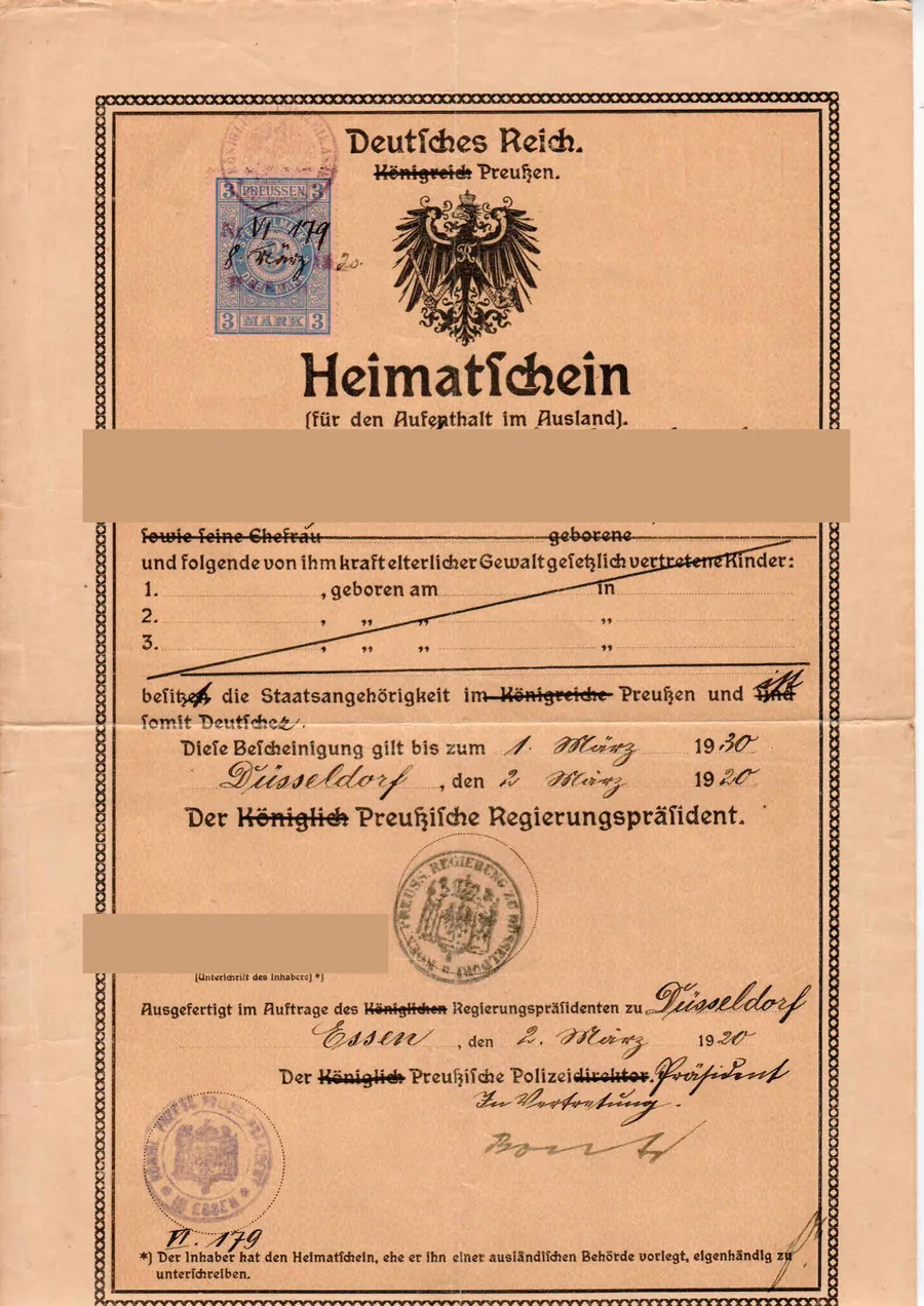 Heimatschein des Königlich Preußischen Regierungspräsidenten, Düsseldorf 1920, mit geschwärzten Personendaten