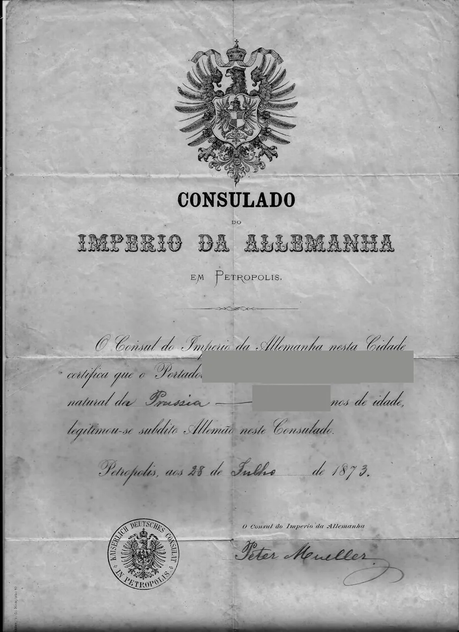 Bescheinigung des Konsulats des Deutschen Reiches in Petrópolis von 1873 über die Eintragung als deutscher Staatsangehöriger, mit geschwärzten Personendaten