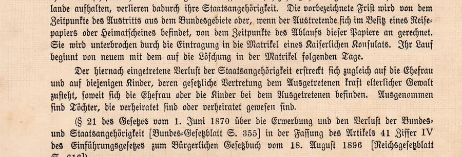 Auf einem Heimatschein von 1910 abgedruckter Wortlaut des § 21 des Bundes- und Staatsangehörigkeitsgesetzes von 1870