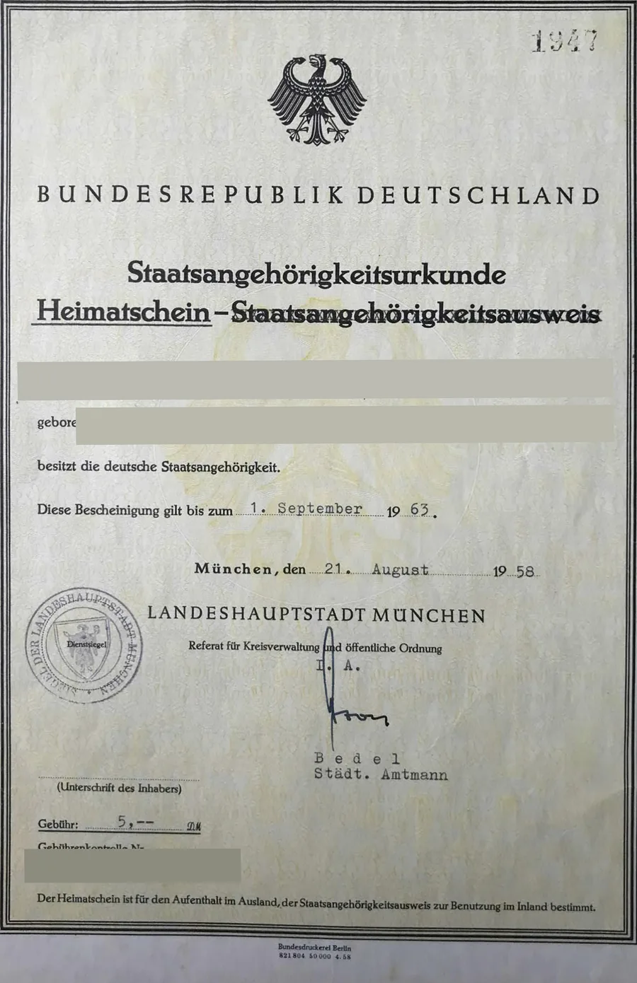Staatsangehörigkeitsurkunde der Landeshauptstadt München, 1958, mit geschwärzten Personendaten